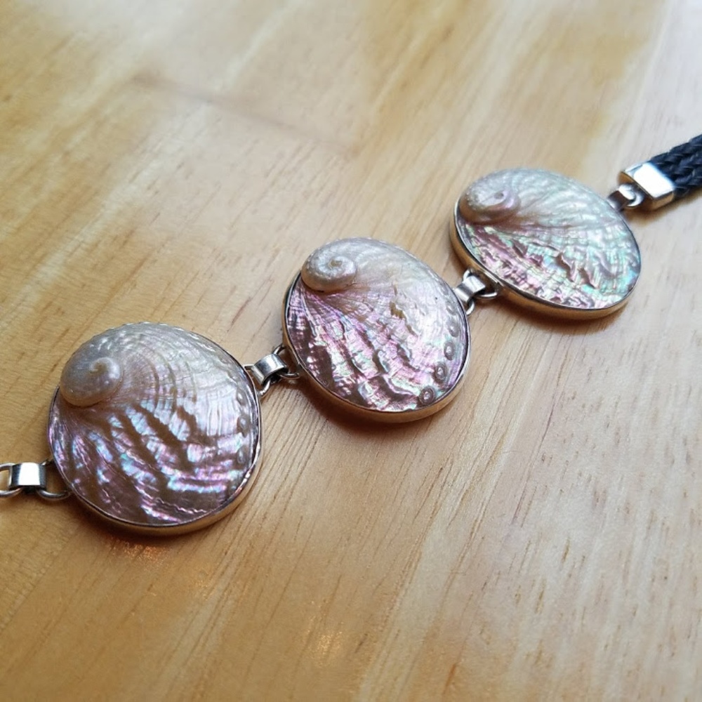 Stunning Statement Handmade Seashell Leather & 925 Silver Bracelet Adjustable - Picture 4 of 6